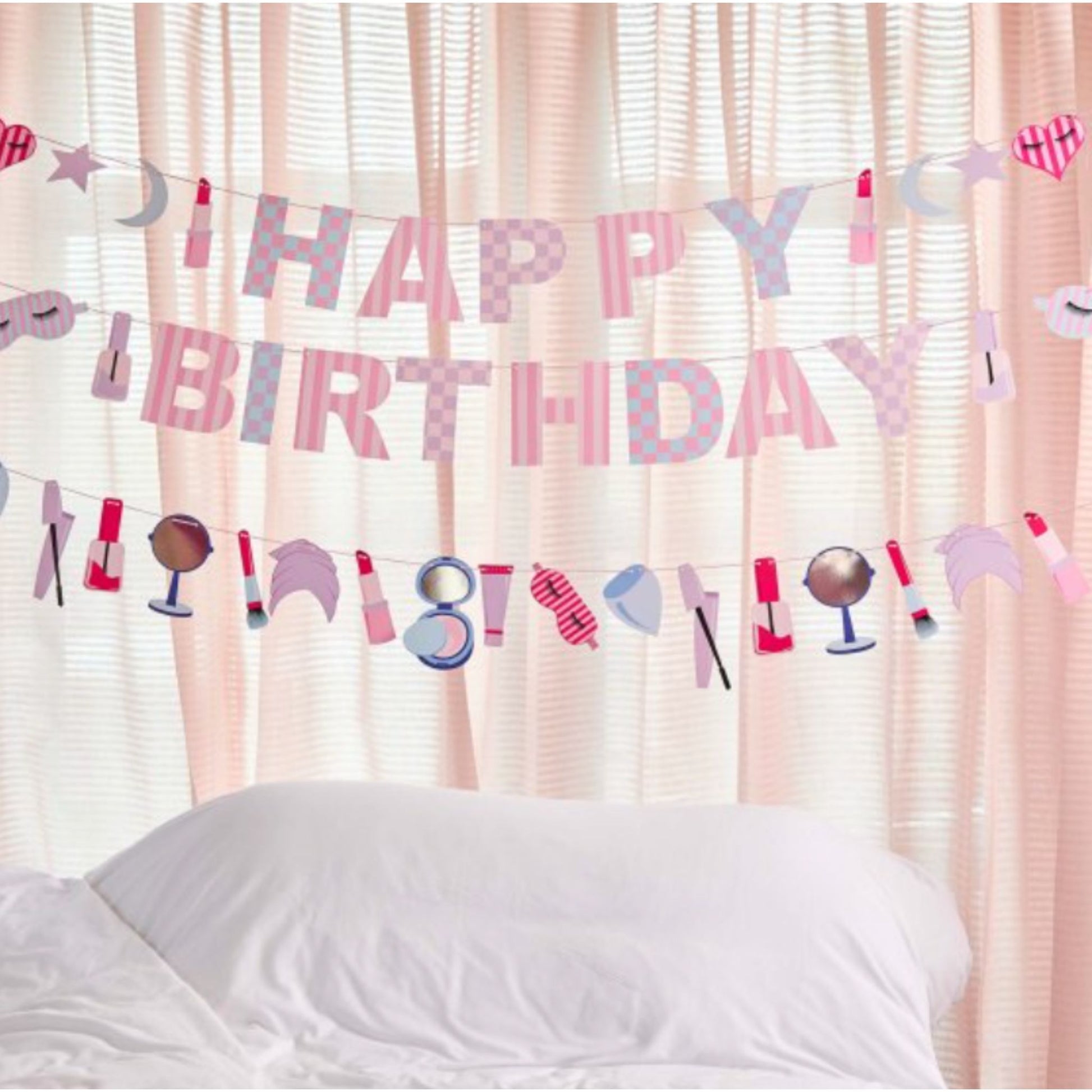 2m pink pamper theme garland featuring hanging lipstick, mirror, mascara, eye mask and nail polish