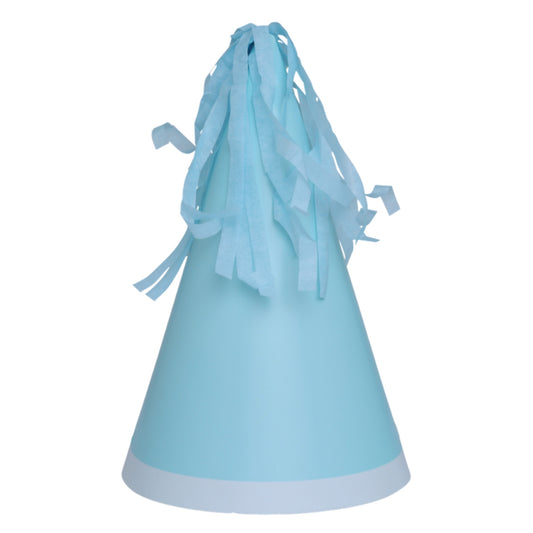 Pastel blue party hats with crepe paper tassels