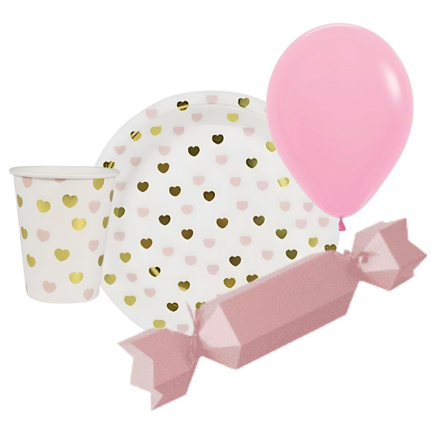 Sweet paper plates with Pink & Gold Heart Print and matching cups with pink balloon and bon bon