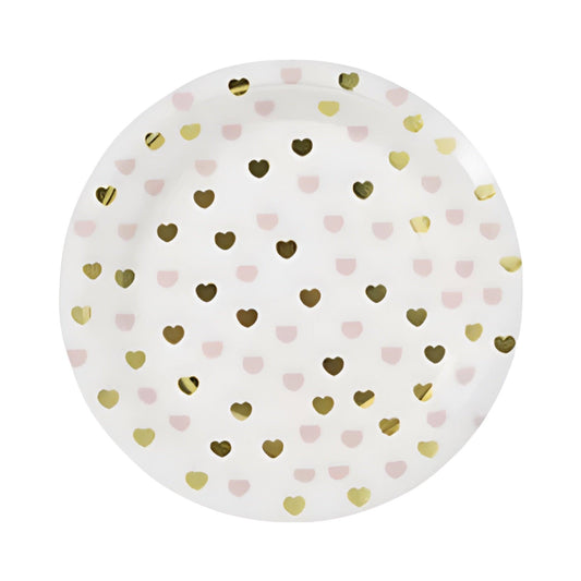 Heart Pattern  round Party Plates with Pink & Gold sparkle hearts on white background