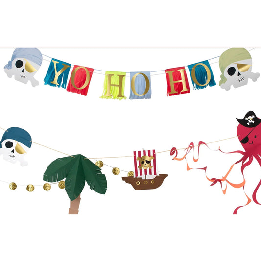 Pirate-Icon-Garland by Meri Meri with Pirate skulls, Pirate ship, palm tree, octopus and more. 3.5m
