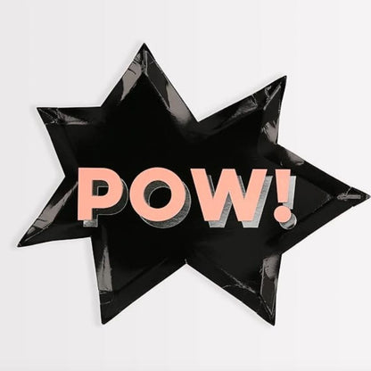 Pow super hero plate in black with the word pow in peach on it. Lightning shaped plate