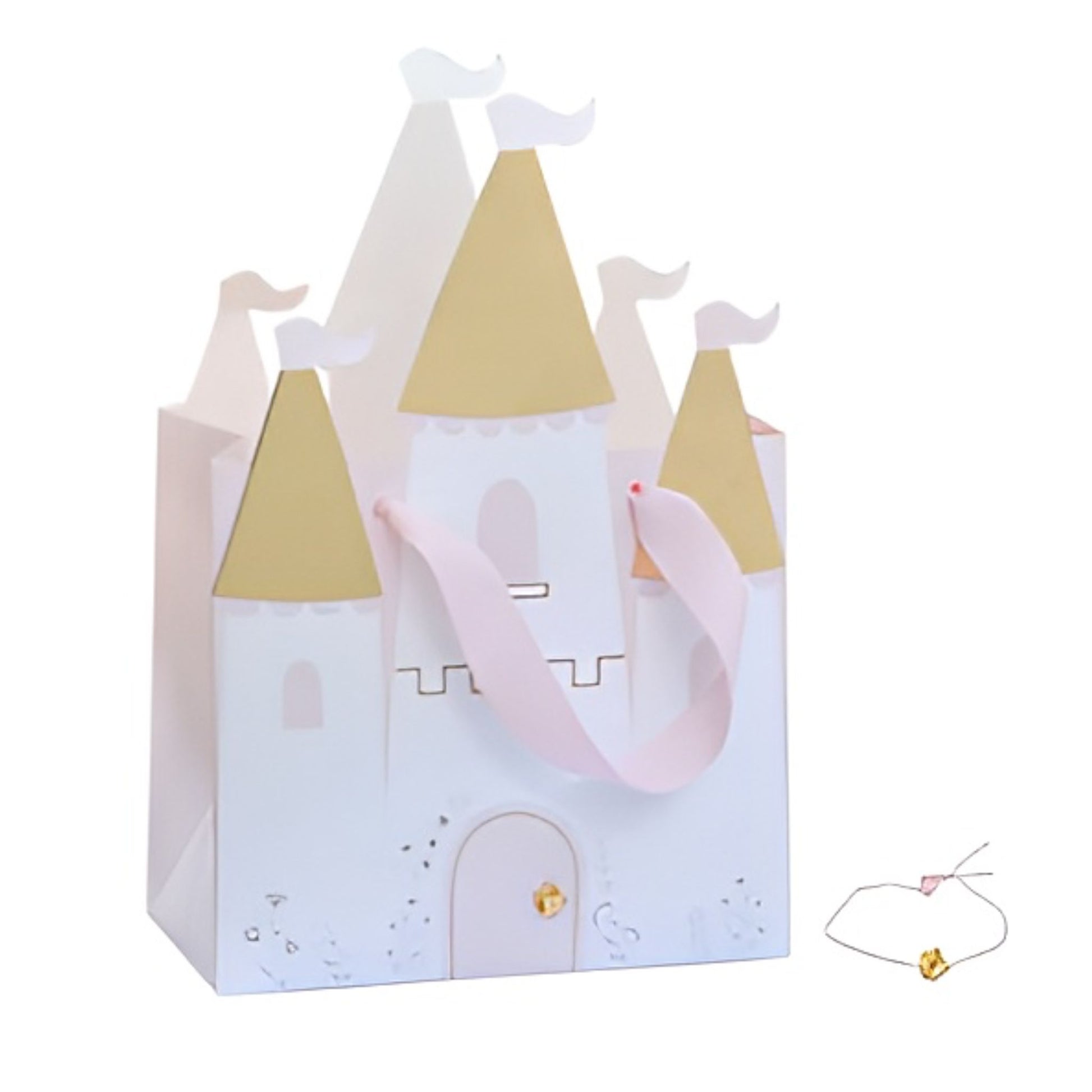 Beautiful Princess Party Bag in shape of Castle in Pink, White and Gold. Includes a bracelet