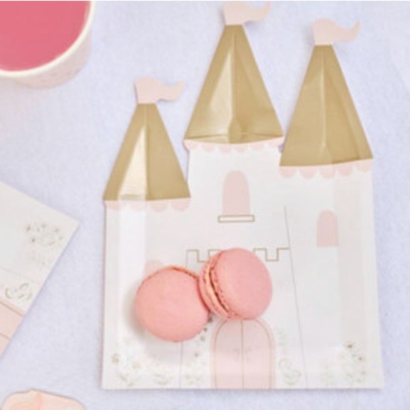 Gorgeous Princess castle shaped plates by Ginger Ray. Pink, white and Gold. 8 pack