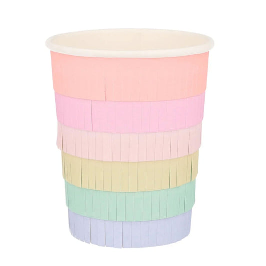 Beautiful pastel layered fringed cups from Meri Meri. 6 pastel colours. Lilac, Pink, light pink, yellow and mint. 8 pack