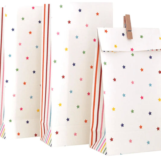 Super bright party bags with one side colourful stars and other colourful stripes