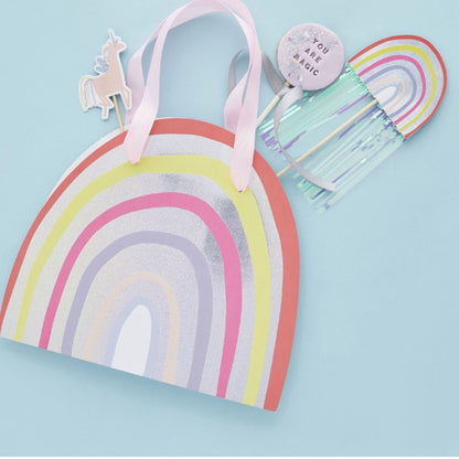 Rainbow party bag with rainbow design pink ribbon handles