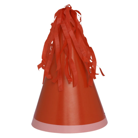 Red paper party hat with red paper tassels