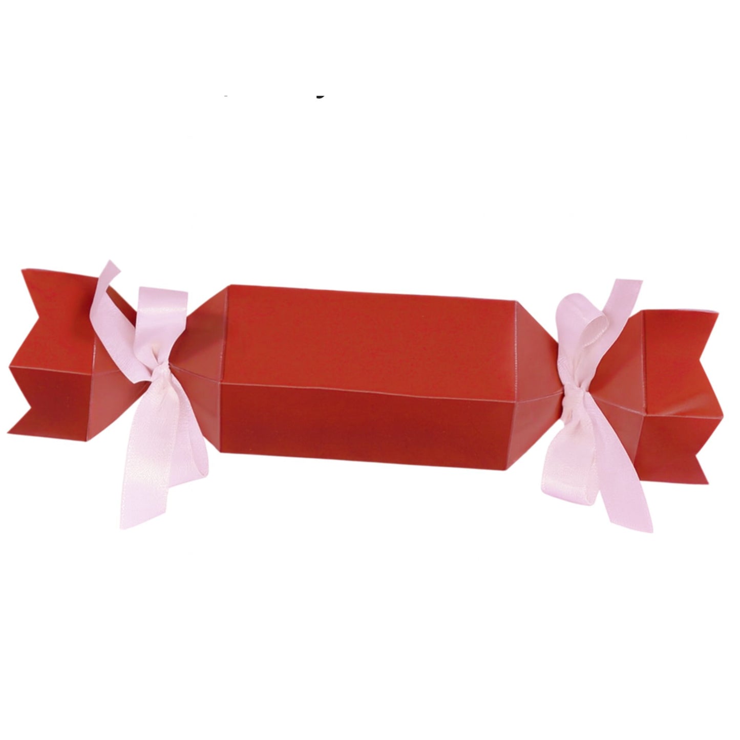 Red candy cracker with white string ties. 