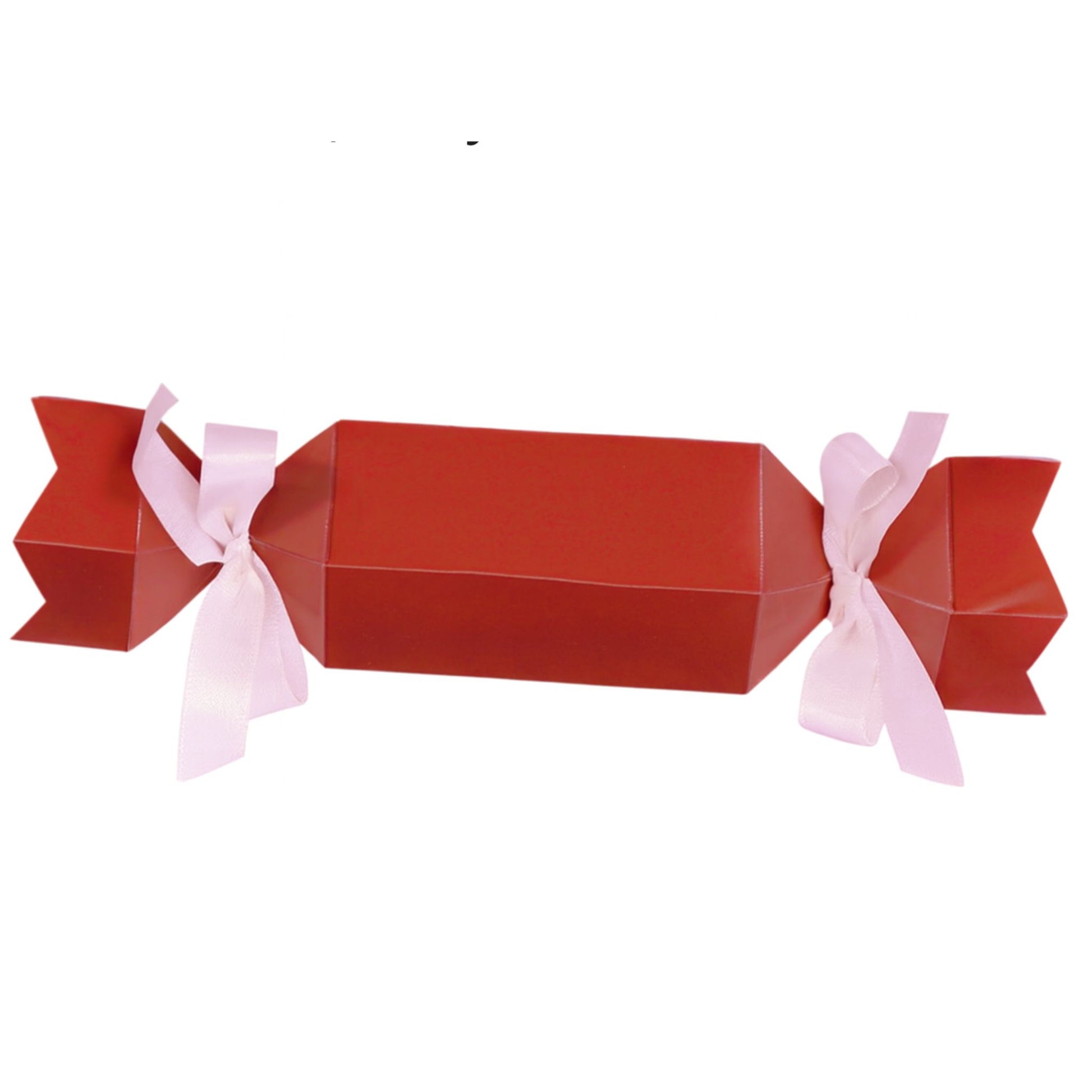 Red candy cracker with white string ties. 