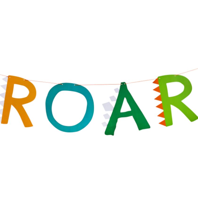 Colorful 'ROAR' banner with dinosaur-like letter designs on a white background