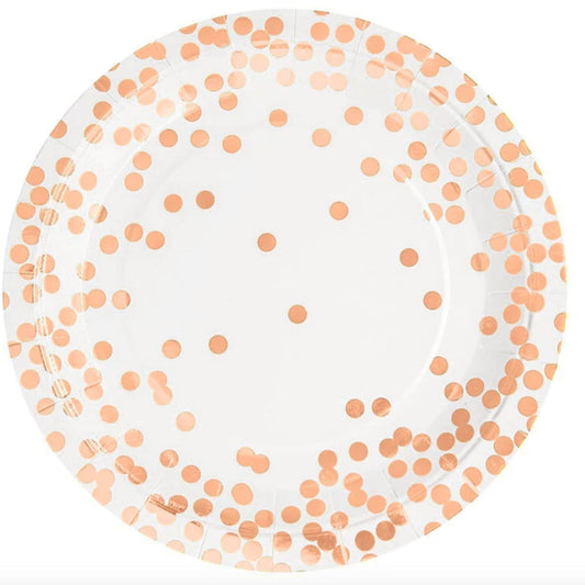 Gorgeous White Gloss Plates with Rose Gold Foil Confetti design. 10Pack. 23cm