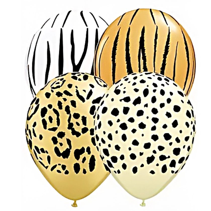 Safari animal print balloons in 4 different designs. Leopard, Tiger, Zebra and Cheetah