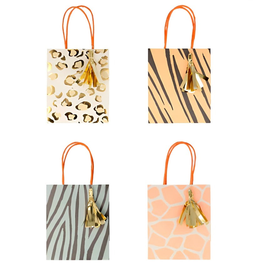 Safari Party Bags In 4 Animal Prints, Cheetah, Tiger, Leopard & Zebra With Gold Tassels. 