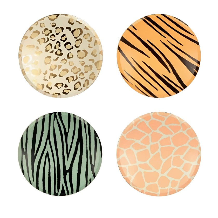 Safari animal print side plates in 4 designs and colours. 8 pack