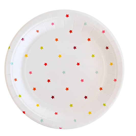 Fun multi coloured star print dessert plates. 10 pack