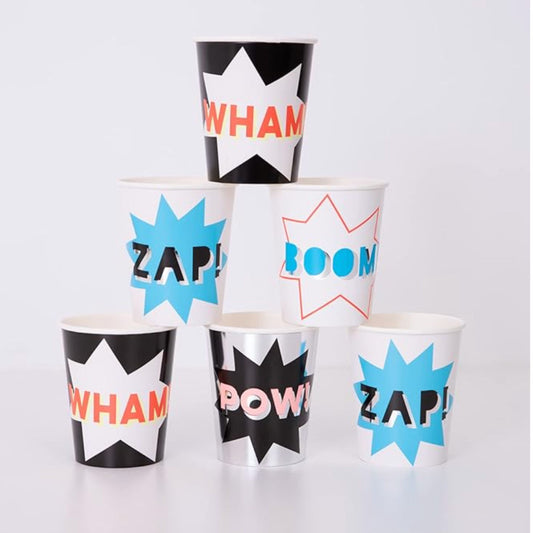 Super Hero Cups with Wham, Zap, Boom and Pow written on them. Blue, White Red and Black.