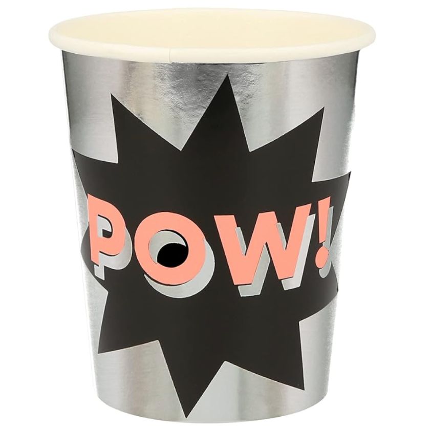 Ultimate Super Hero Party cup in silver with peach pow written on cup on black lightning bolt