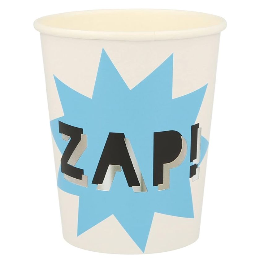 Ultimate Super Hero party cup with ZAP in blue lightning bolt on cup