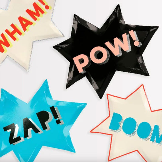 Incredible Super Hero party plates from Meri Meri. Zap, Boom, Wham & Pow in blue, white, black and red.
