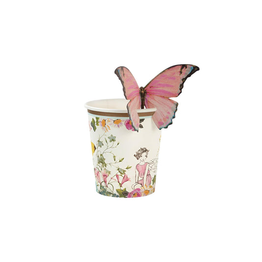 Fairy cup by talking tables with floral print & pink & yellow butterflies attached to cups.