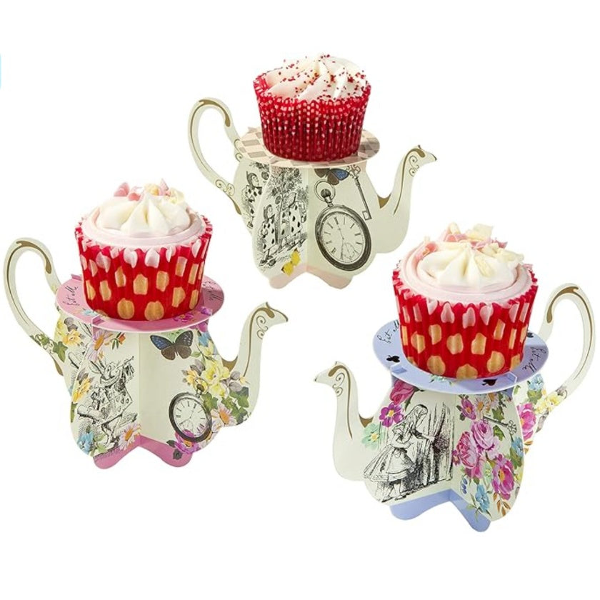 Charming & Whimsical teapot cupcake stands in 3 designs & colours with Alice in Wonderland illustrations.
