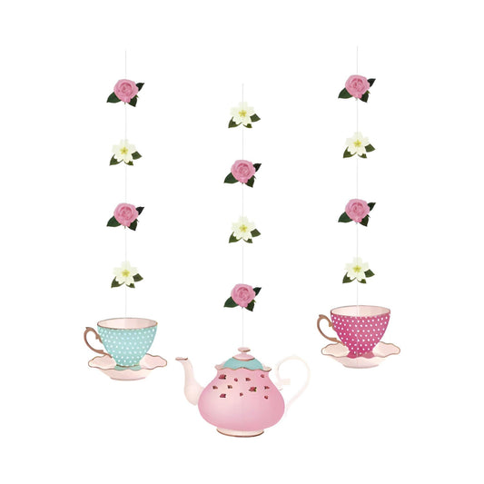 Hanging teapot and teacup garland with pink roses and white camelias. Garland hangs vertically with 3 sets of garland