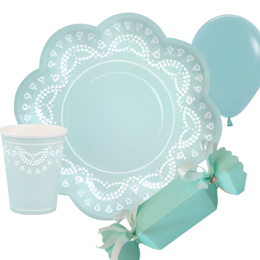 Gorgeous tiffany blue party bundle with tiffany blue lace print plates & cups, favour bon bons & balloons