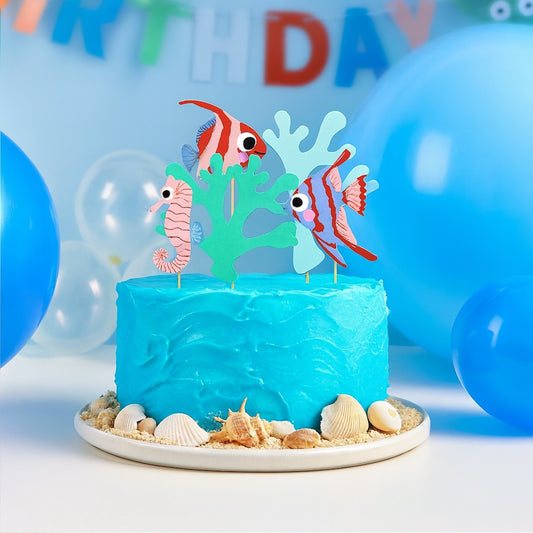 Cake topper set with 5 ocean-themed decorations including fish & coral. 