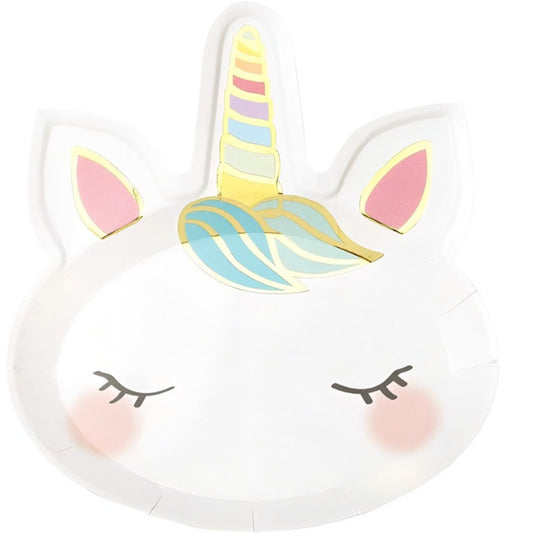 Adorable unicorn face shaped paper plate in white with pastel face and horn