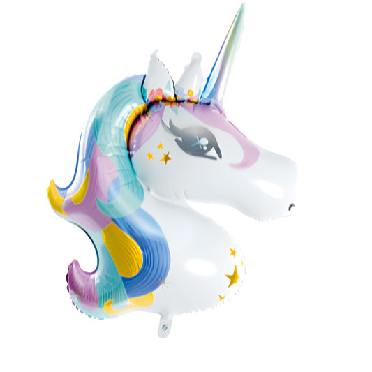 large Unicorn head balloon in white with bright blue, yellow & purple hair