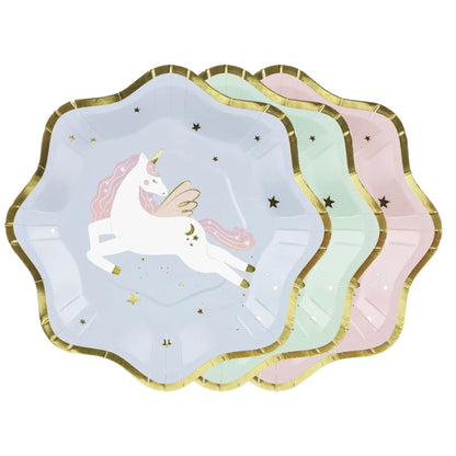 Gorgeous gold scalloped Unicorn paper plates in 3 colours, lilac, mint and pink with white Unicorn and gold stars