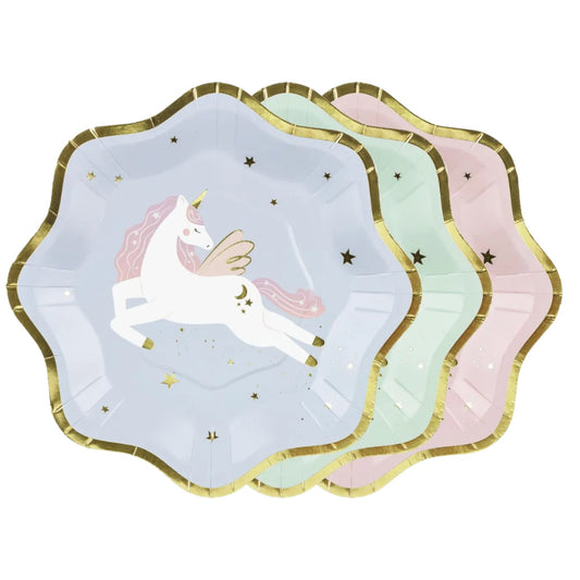 Gorgeous gold scalloped Unicorn paper plates in 3 colours, lilac, mint and pink with white Unicorn and gold stars