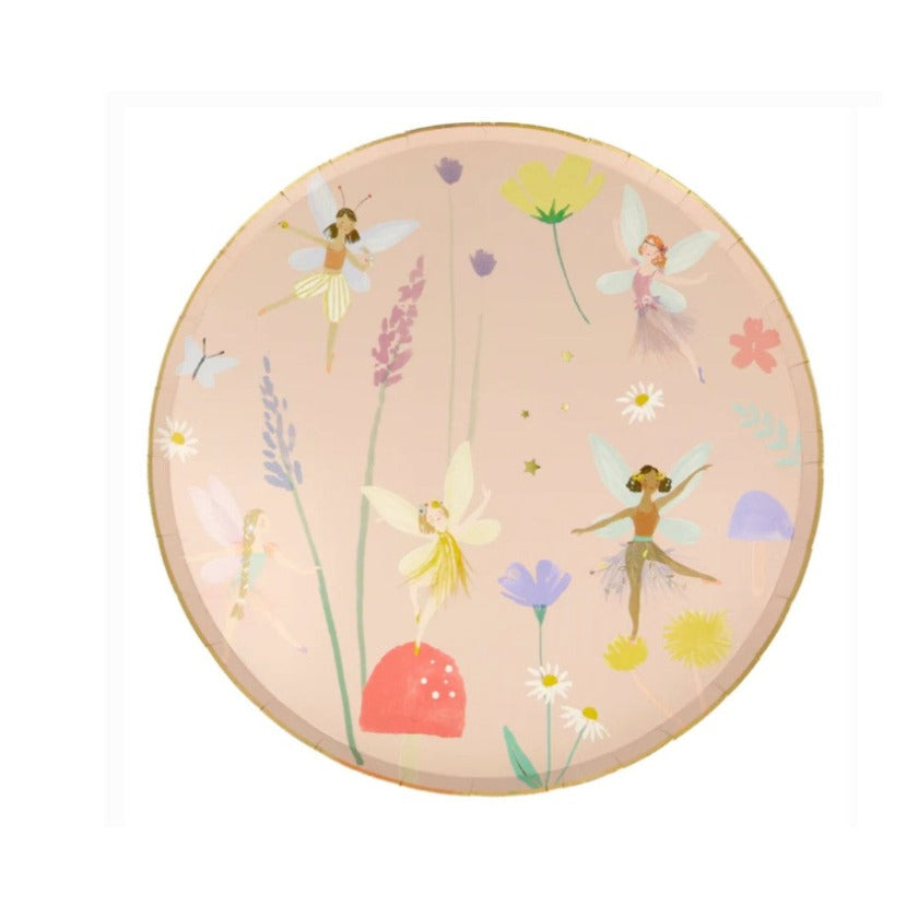 fairy dinner plates by Meri Meri. Beautifully illustrated with fairies, gold thread, toadstools and flowers