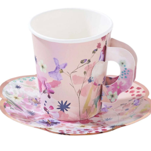 Gorgeous pink floral paper cup & saucer set with handles. 12 pack