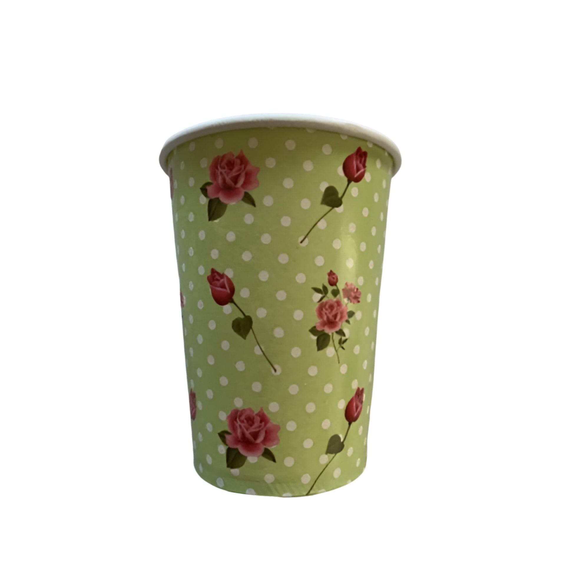 Whimsical Party Cups In Green With White Polka Dots & Red Roses