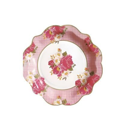 Stunning Pink Floral Vintage Style Paper Plate. 8 Pack. 21cm