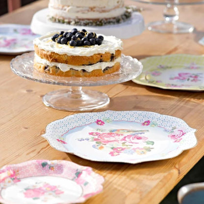 Table with vintage blue and pink floral party plates