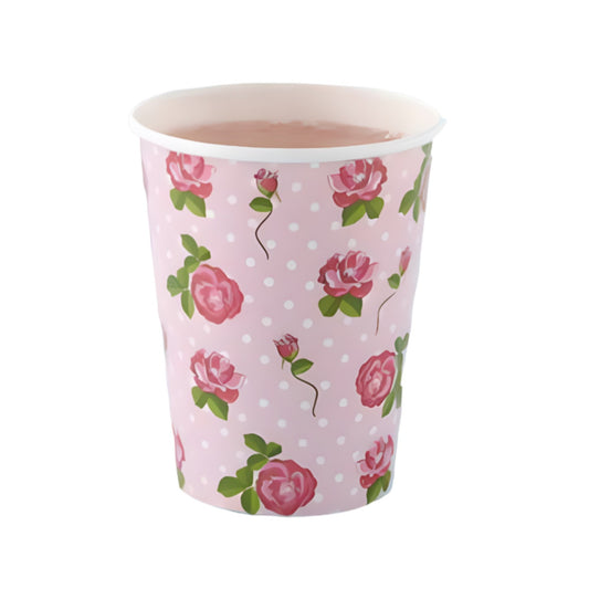 Whimsical Pink Paper Cups With White Polka Dots & Red Roses. 12 Pack