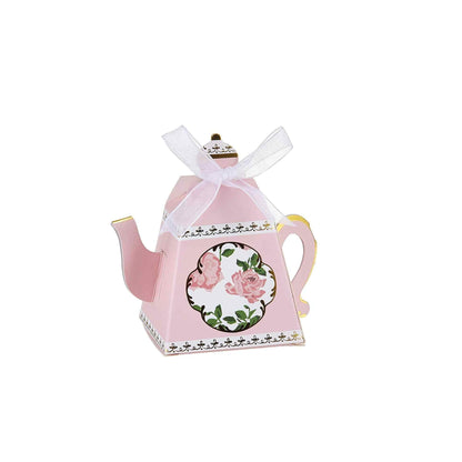 Divine Pink Teapot Favour Box With White Ribbon & Floral Design. 10.5cm. 10pack