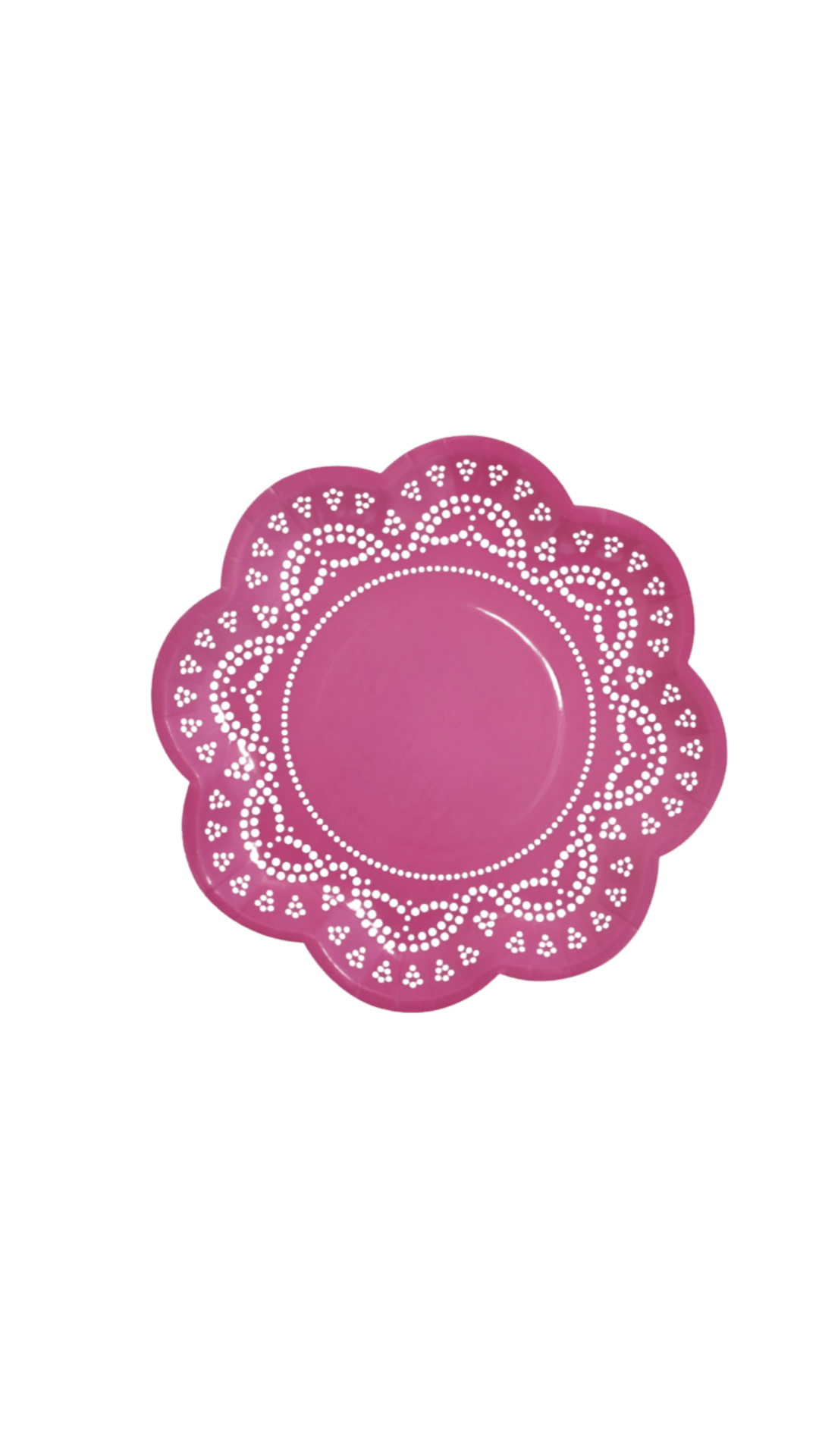Stunning hot pink paper dessert plates with white lace print around border