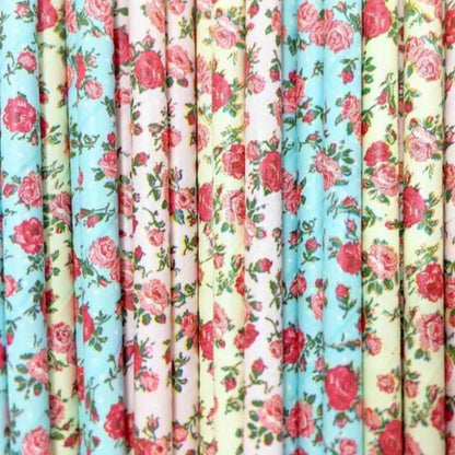 Beautiful mix of vintage style paper straws with rose print in 5 vibrant colours.