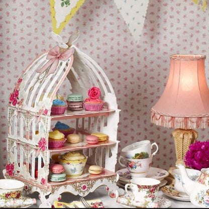 Gorgeous Vintage Table with Birdcage Cake Stand and vintage lamp with tea cups