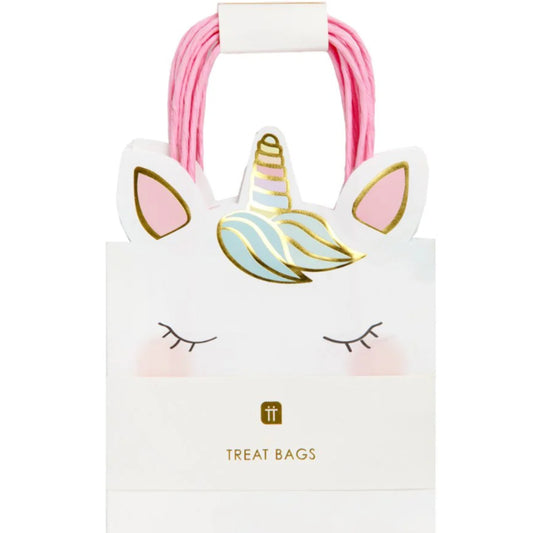 Fantastic we heart unicorns party bags in white with pastel unicorn face and hot pink raffia handles