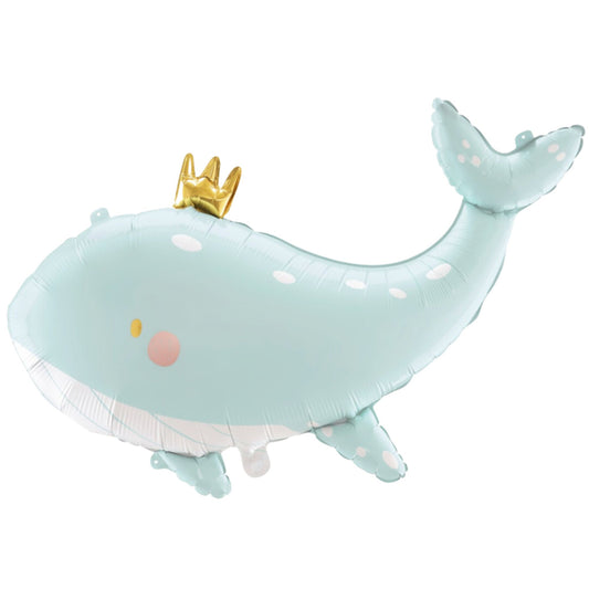 A beautiful pastel blue Whale Balloon with gold crown.  93cmx60cm. Perfect for baby shower or kids birthday party