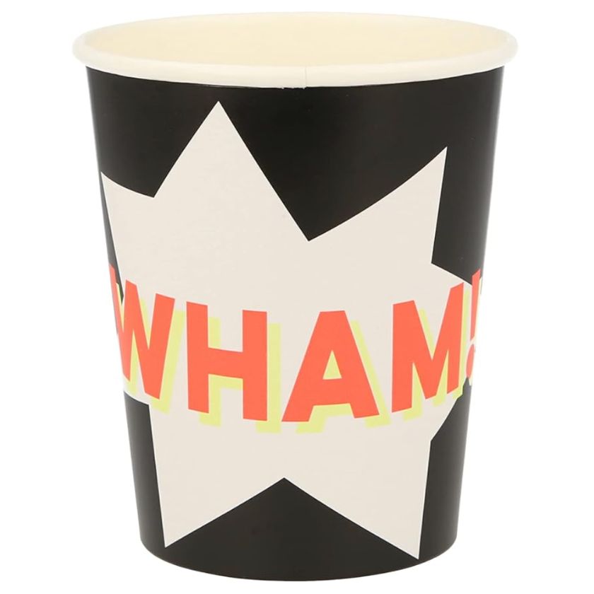 Super hero paper cup in black with white lightning bolt shape and the word wham on it in peach