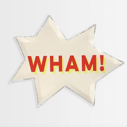 White paper party plate in lightning bolt shape with red and yellow Wham written on it.