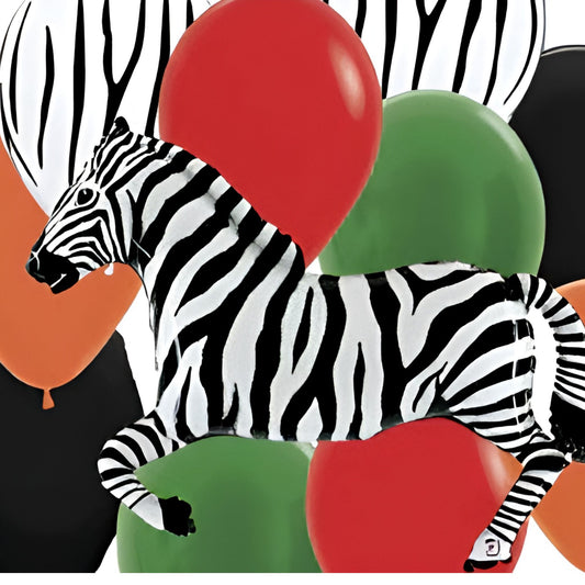 Giant Zebra balloon with bouquet of orange, black, zebra, red and green 30cm balloons