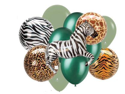 Safari balloon bouquet with large Zebra, animal print balloons, dark green & eucalyptus 30cm balloons