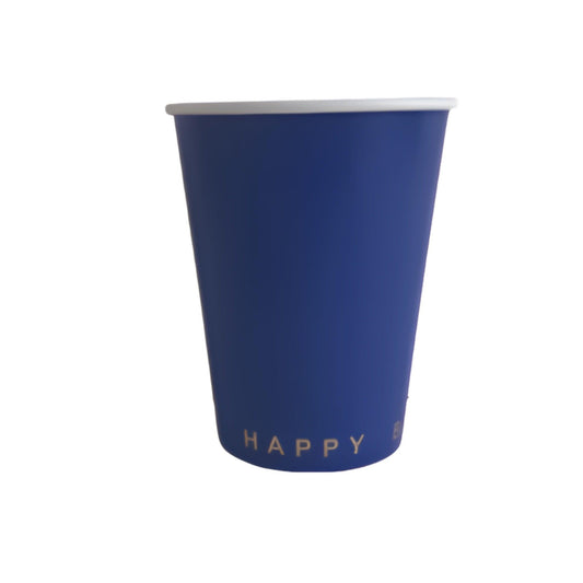 Royal Blue paper cups with gold happy birthday print on bottom of cup